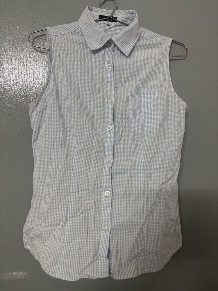 Sleeveless Blue &amp; White Checked Top