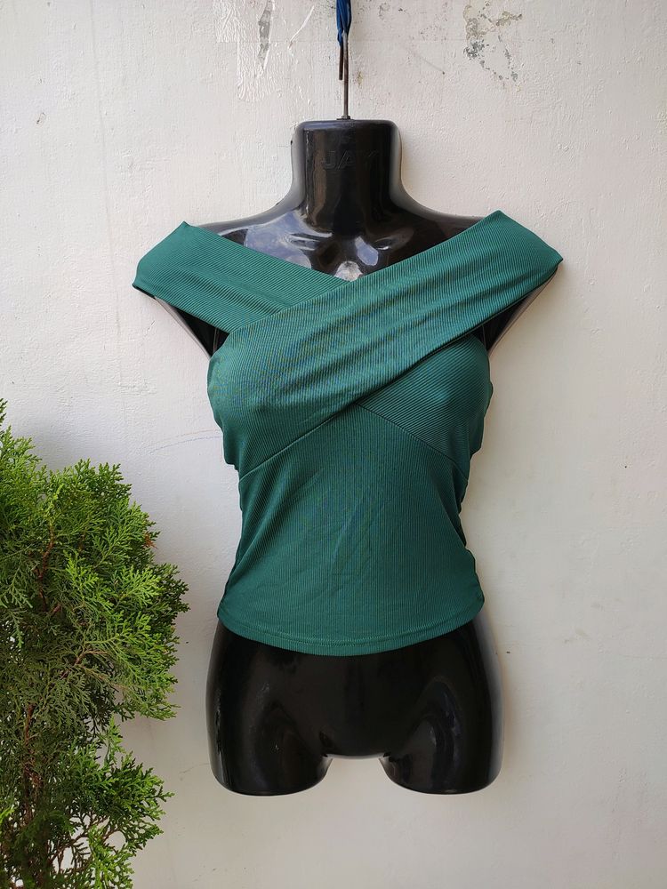 SHEIN Ribbed Knit Bardot Crossover Top