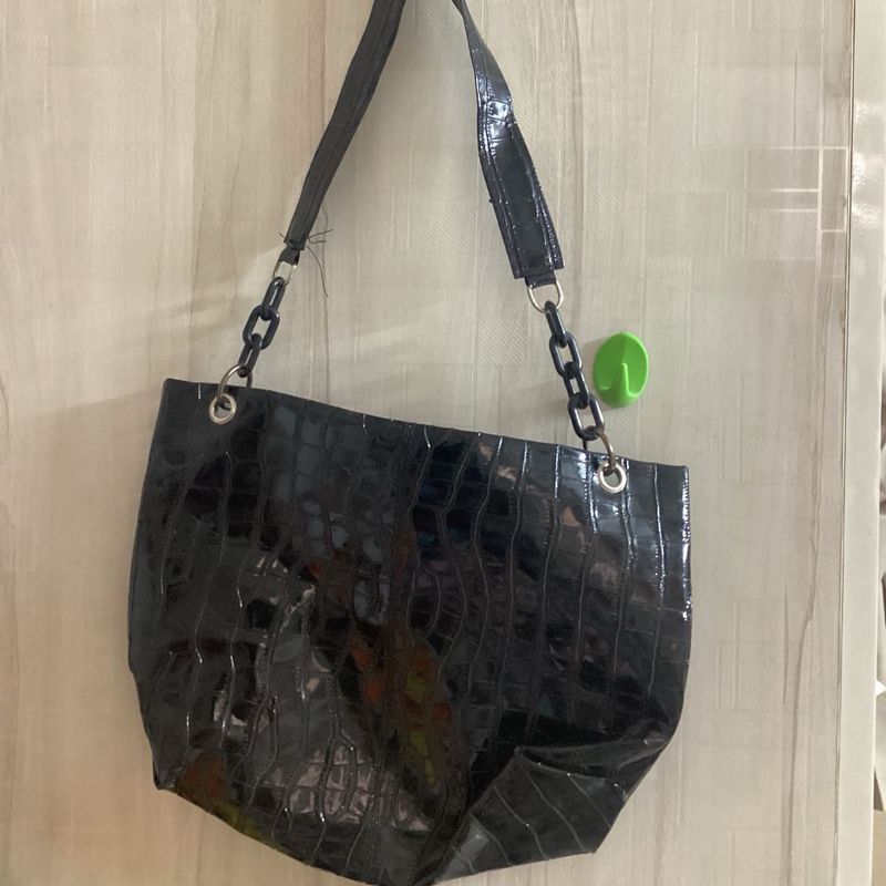 Black Croc Embossed Chain Shoulder Bag