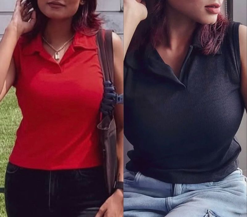 Sleeveless Polo Top Combo - Red and Black