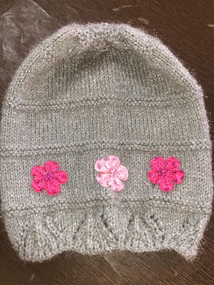Handmade Designer Woolen Cap In Colour Grey With Pink Flowers 🌸✅