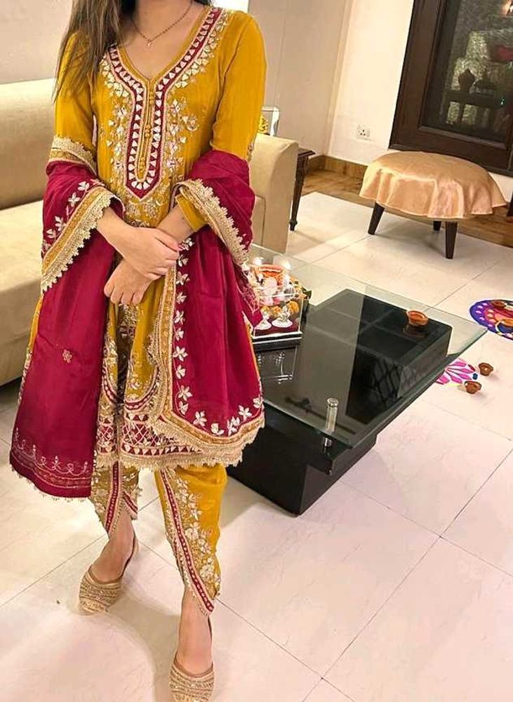 Mustard Gota Patti Embroidered Kurta Set