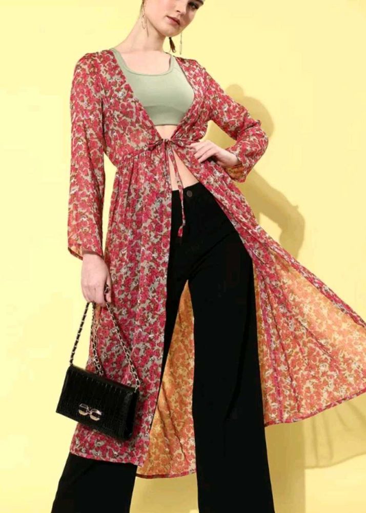 Women Printed Long Line Tie-up Shrug