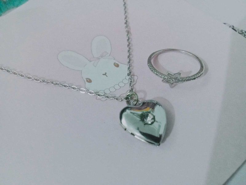 Silver Heart Locket &amp; Star Ring Set