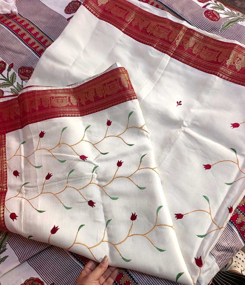 Elegant White &amp; Red Embroidered Saree