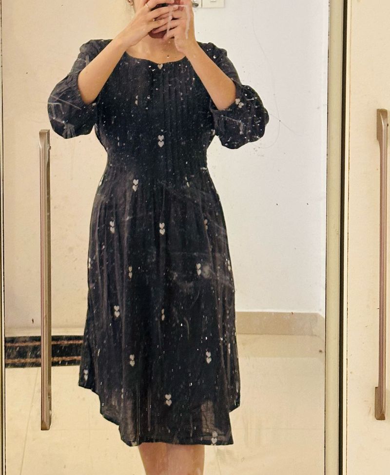Black  A-Line Dress with Tie-Up (Free Size)