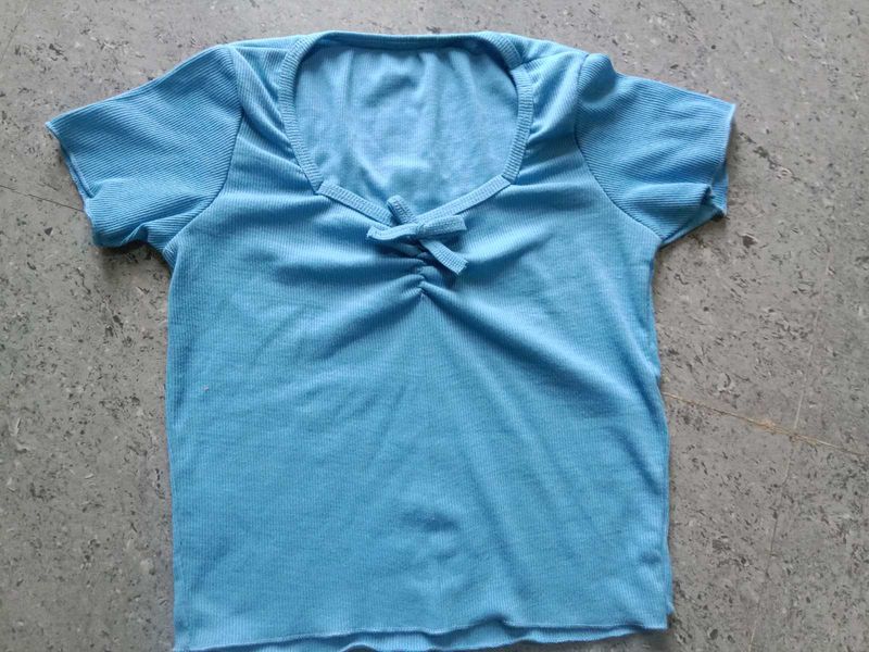 Blue Ribbed Tie-Front Top