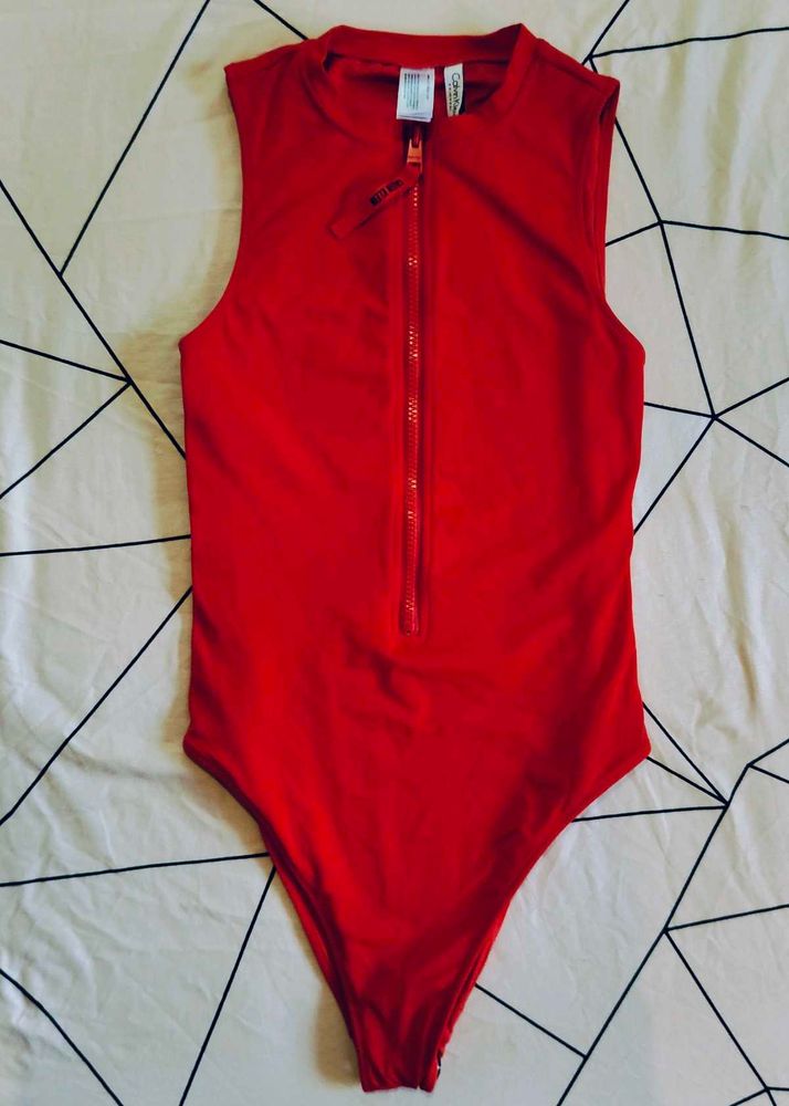 Red Sleeveless Zip Swimsuits