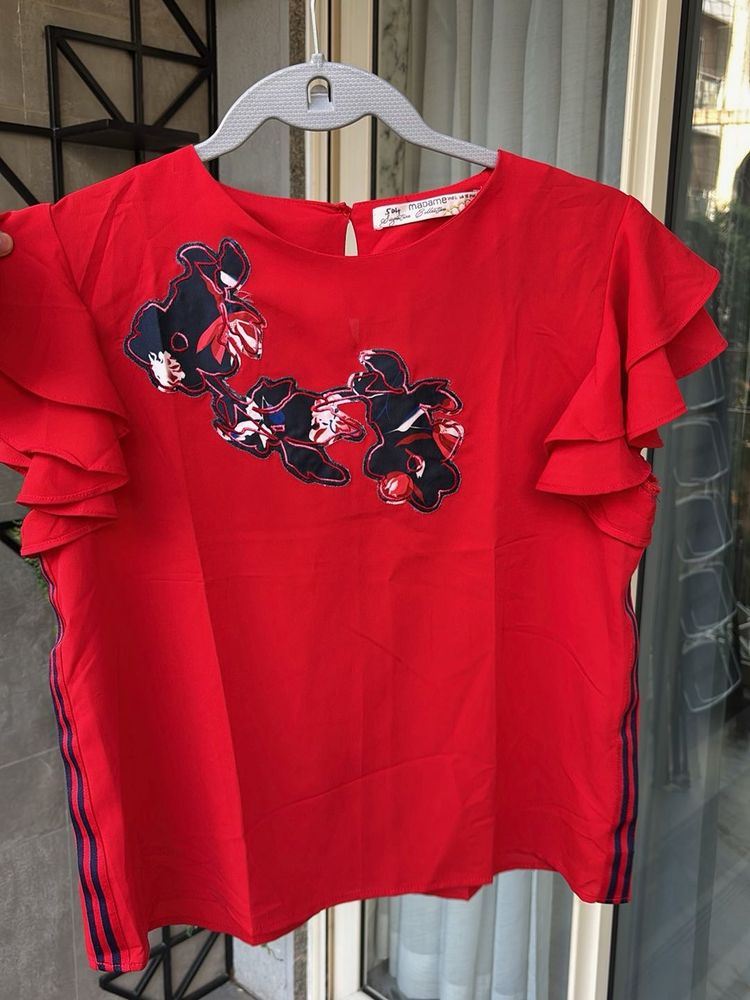 Red Floral Ruffle Sleeve Top