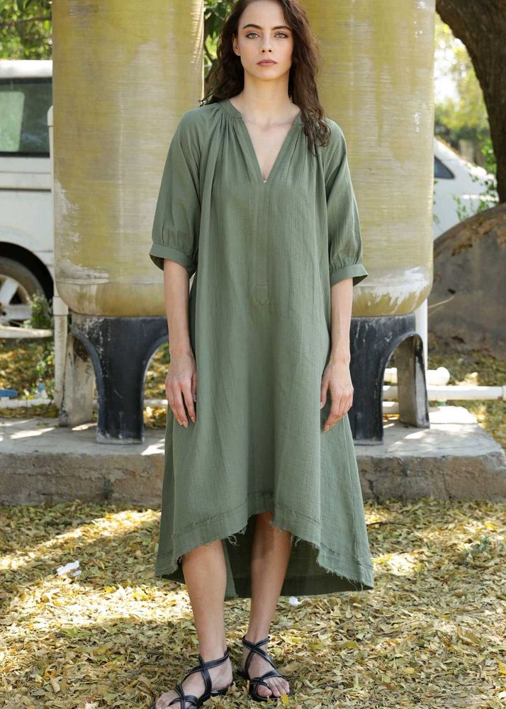 Olive Green Casual Midi Dress, L Size