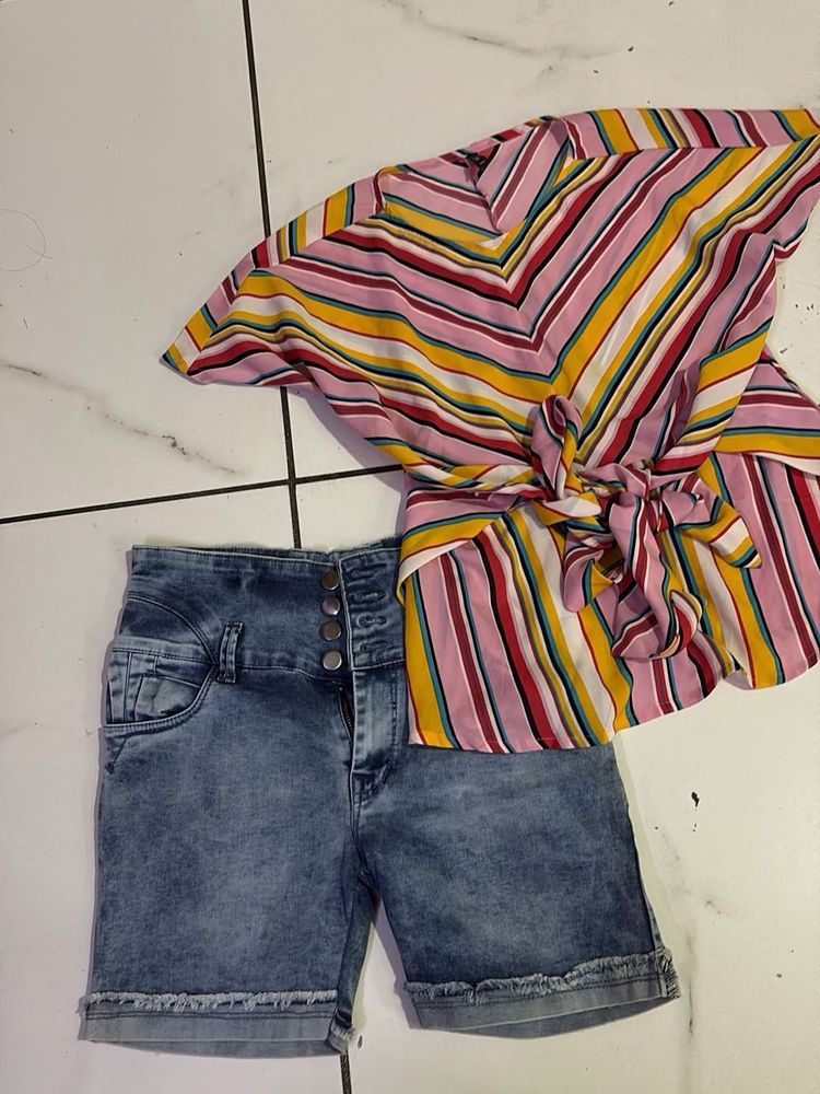 Striped Top &amp; Denim Shorts Set
