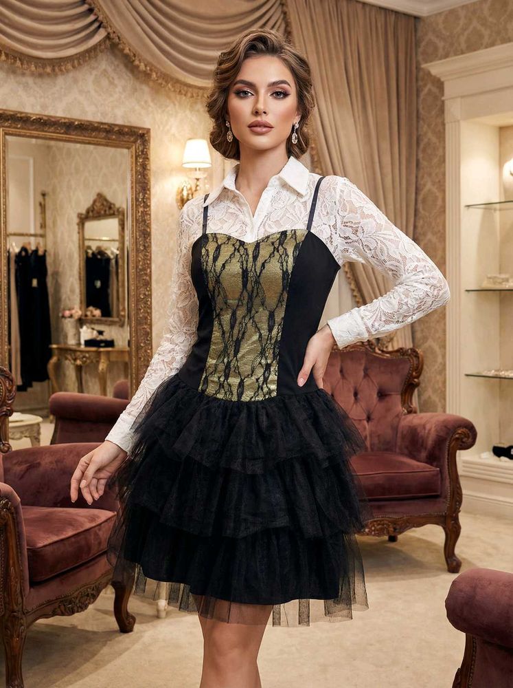 Black &amp; Gold Tulle Mini Dress
