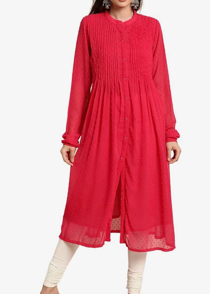 Pink Poly Chiffon Self Design Frontslit Kurta