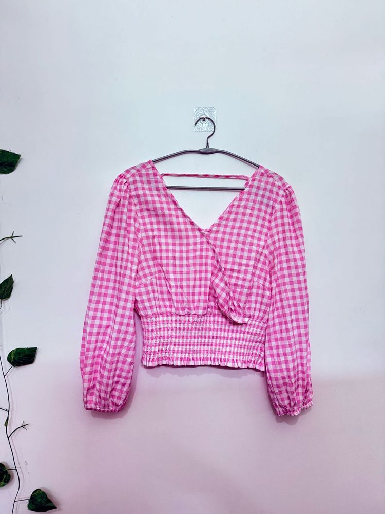 Pink Gingham V-Neck Crop Top