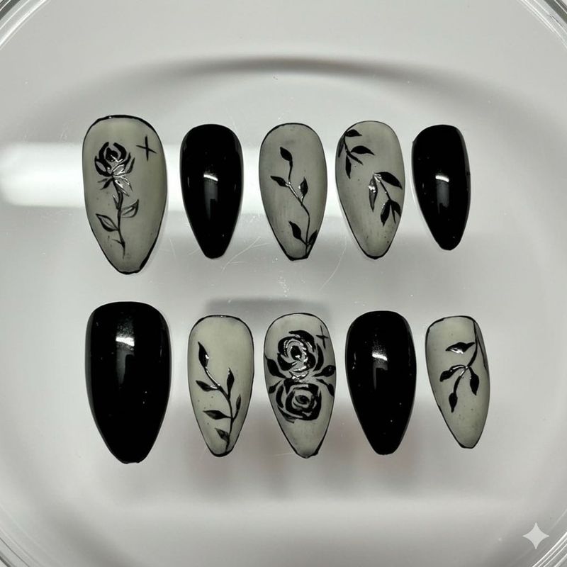 Press on nails black rose