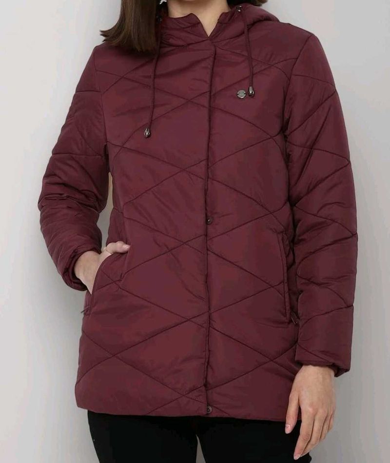 Women Burgundy Quilted Hooded Jacket