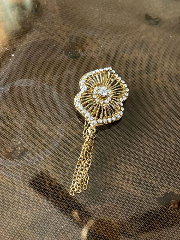 Rhinestone Gold-Tone Brooch with Chain