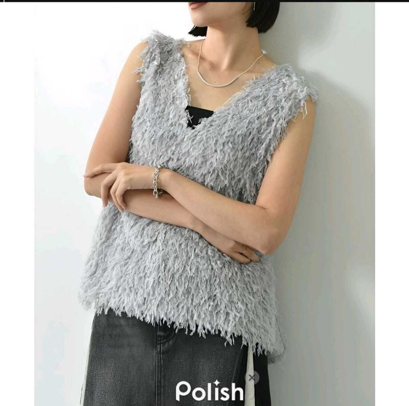 New With Tag Korean Fuzzy Grey Sleeveless Top