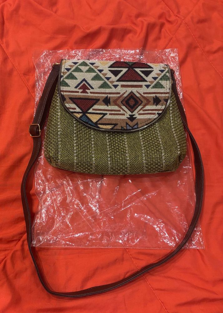 🆕 Olive Jute &amp; Leather Sling Bag