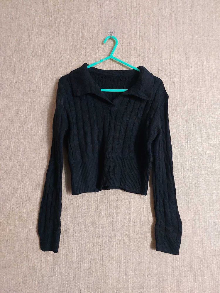 Black Cable Knit Cropped Sweater
