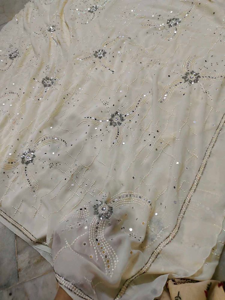 off white mirror work heavy saree 🤩
