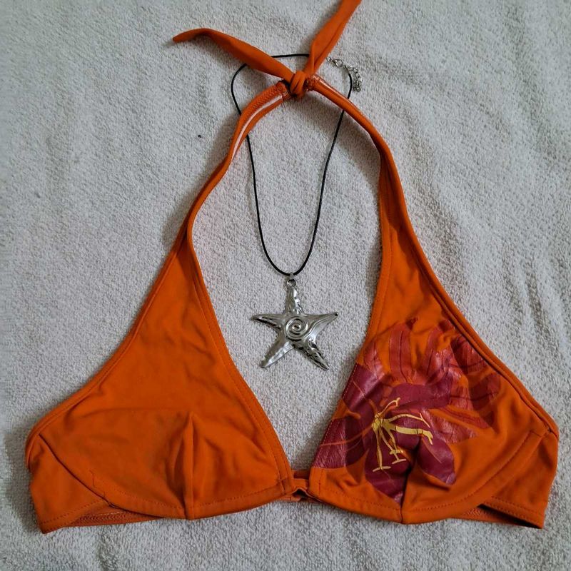 Y2k Orange Floral Halter Neck Bikini Top