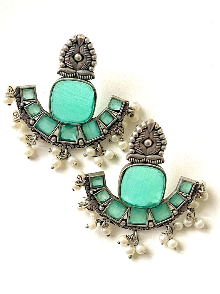 Silver Replica Monalisa Stone Earring Green
