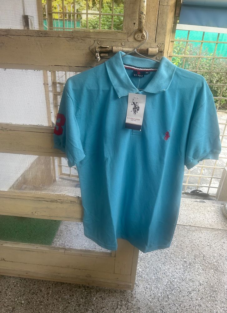 Brand New T Shirt Sky blue colour with red colour, print on right arm