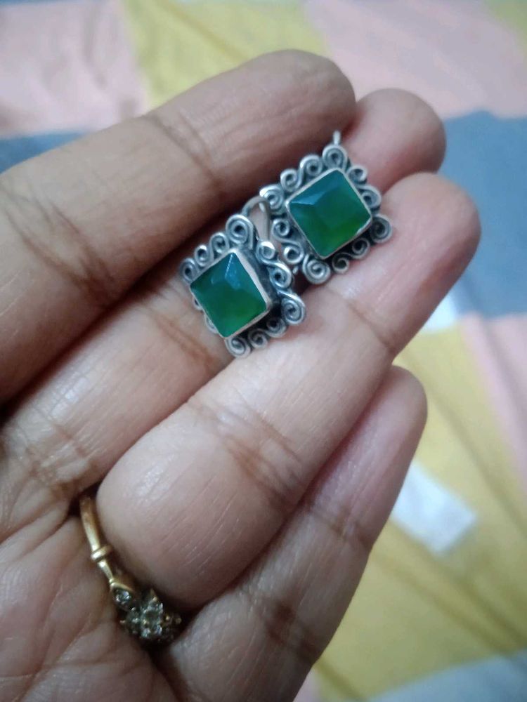92.5 Silver Green Stone Earrings