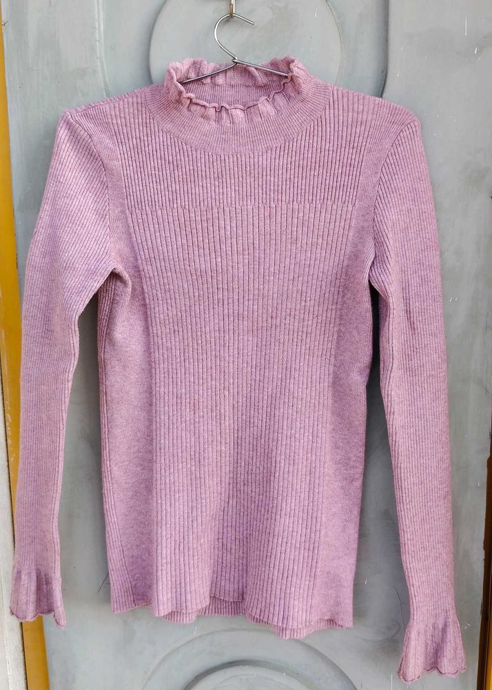 Mauve Ribbed Mock Neck Winter Top – Full Sleeves