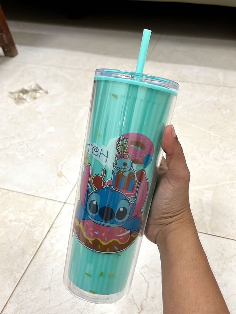 Stitch Double Glass Water Bottle with Straw