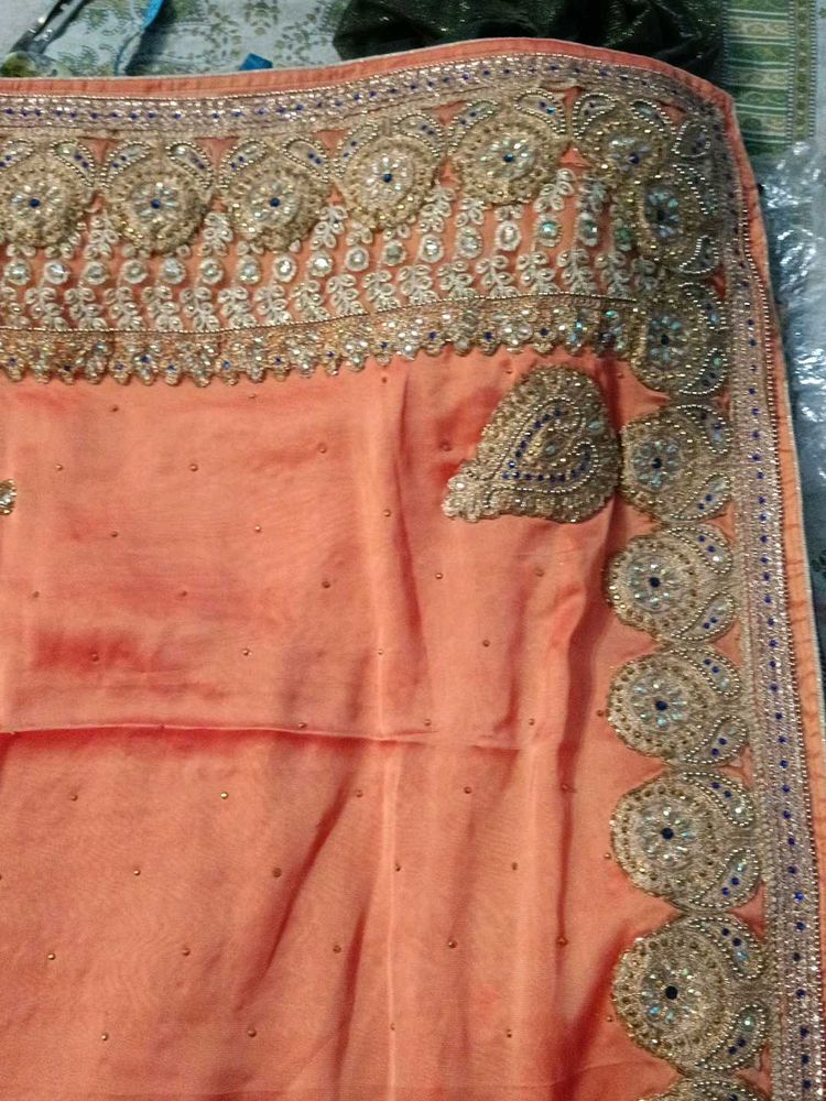 Peach Saree with Gold &amp; Blue Embroidery