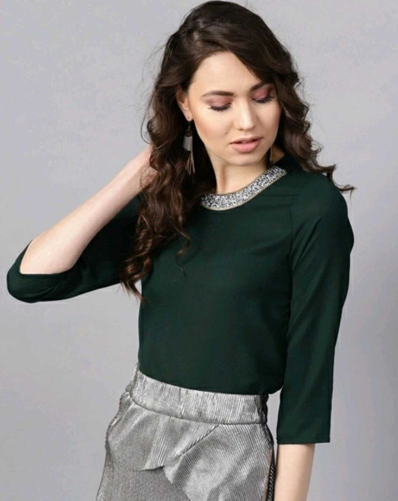 Green Embellished Neck Top New