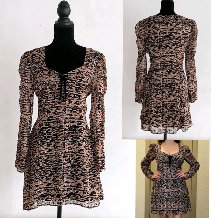 Zara Sweetheart Animal Print Sheer Sleeves Dress