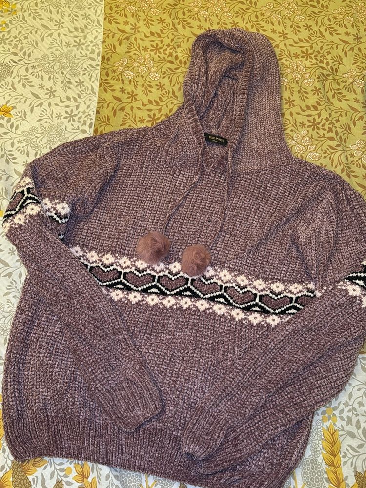 Casual Woolen Top With Hoodie