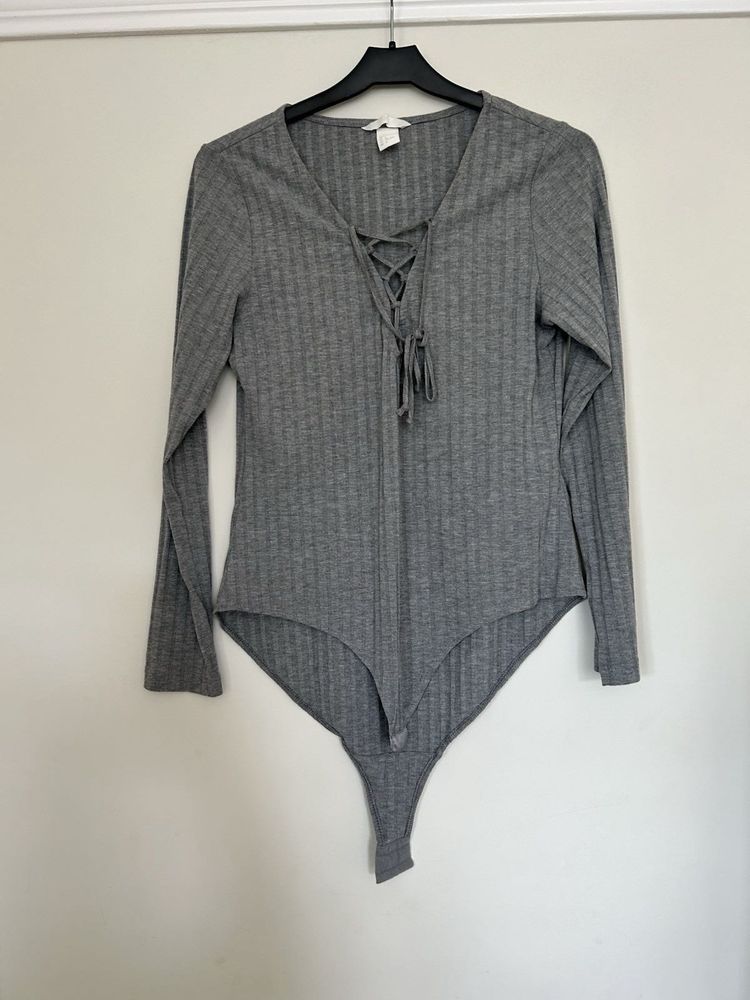 H&amp;M Gray Ribbed Lace-Up Bodysuit
