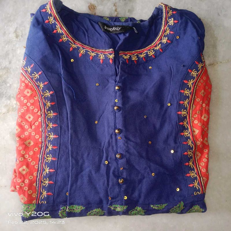 Cotton Kurtha Navy Blue And Red Border