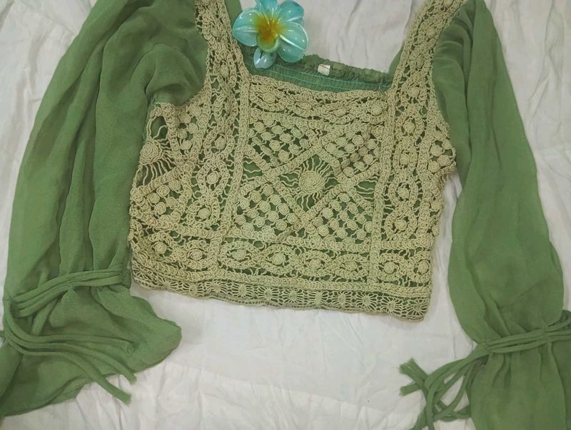 Green Crochet Detail Top