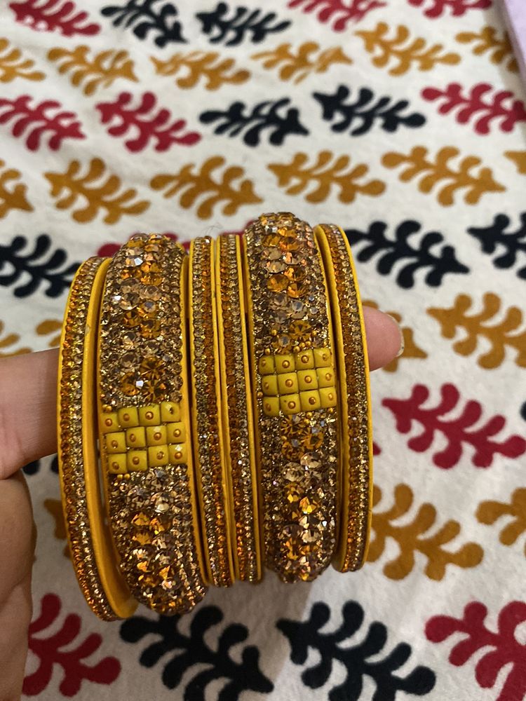Yellow &amp; Gold Crystal Bangles (Set of 6)