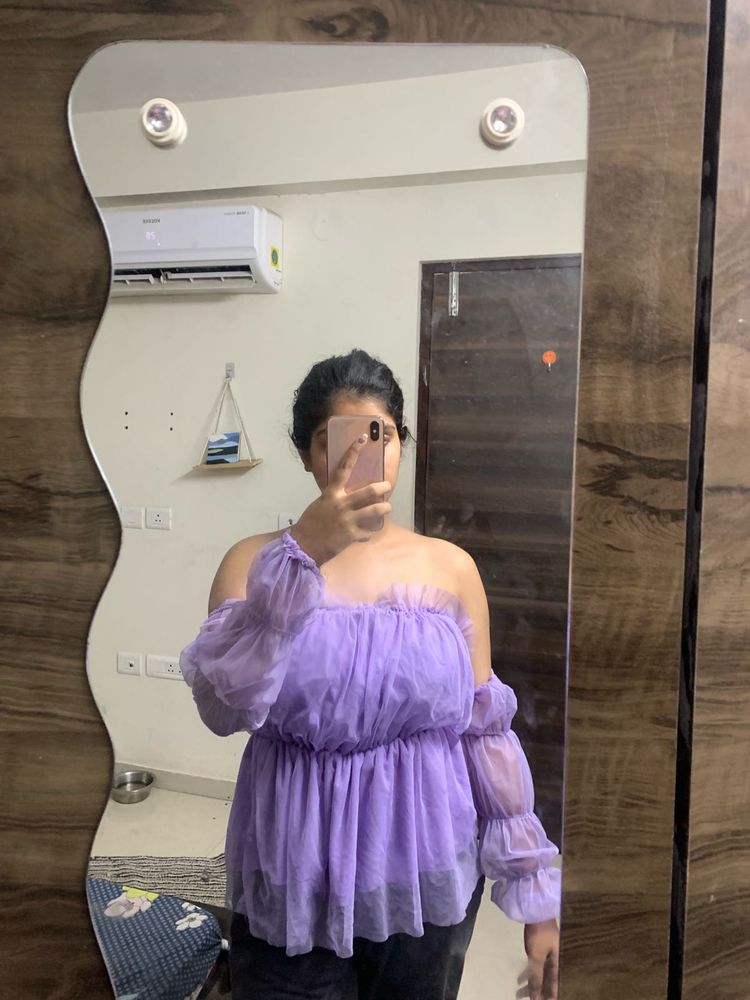 Purple Off-Shoulder Tulle Top