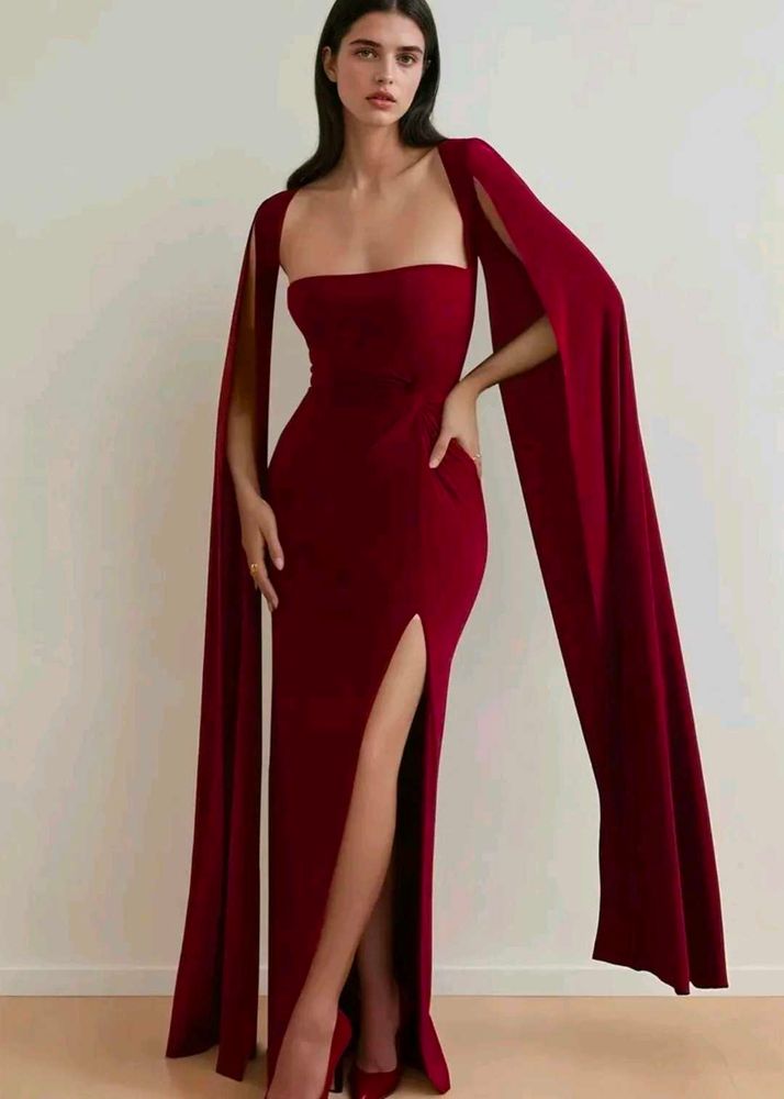 Elegant Maroon Extended Cape Sleeve Maxi Dress