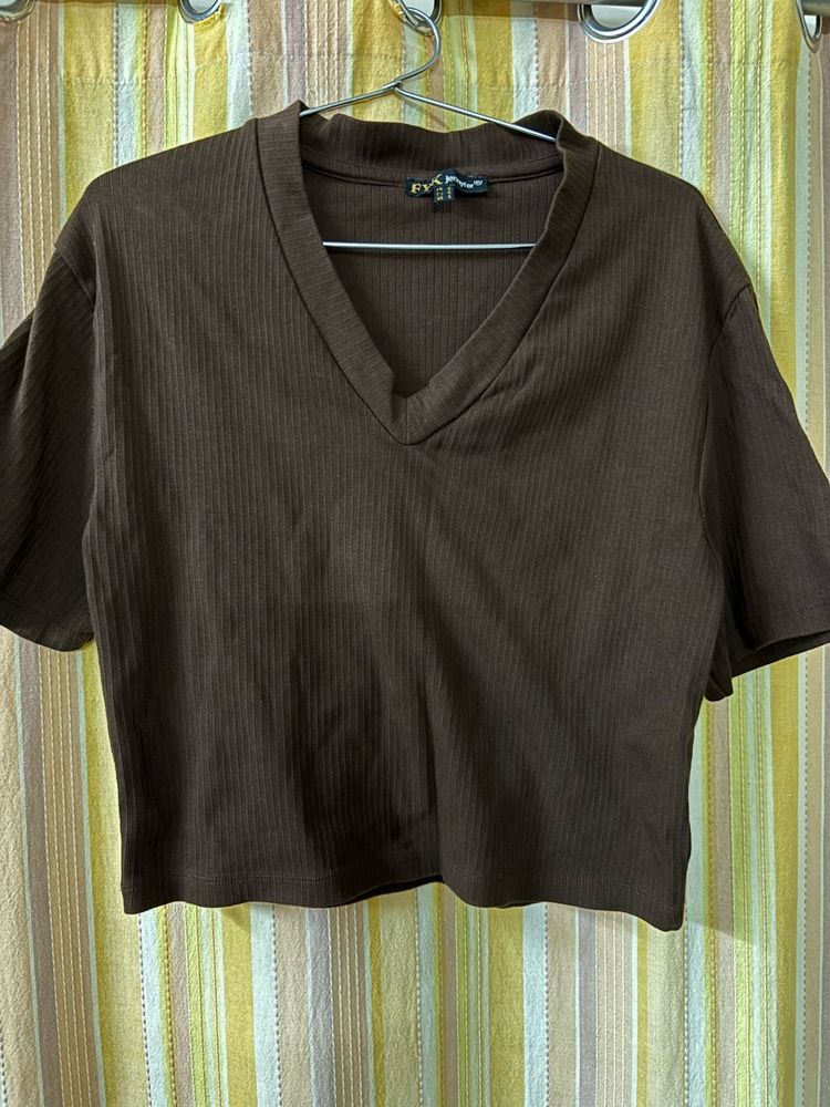 Brown V-Neck Crop Top