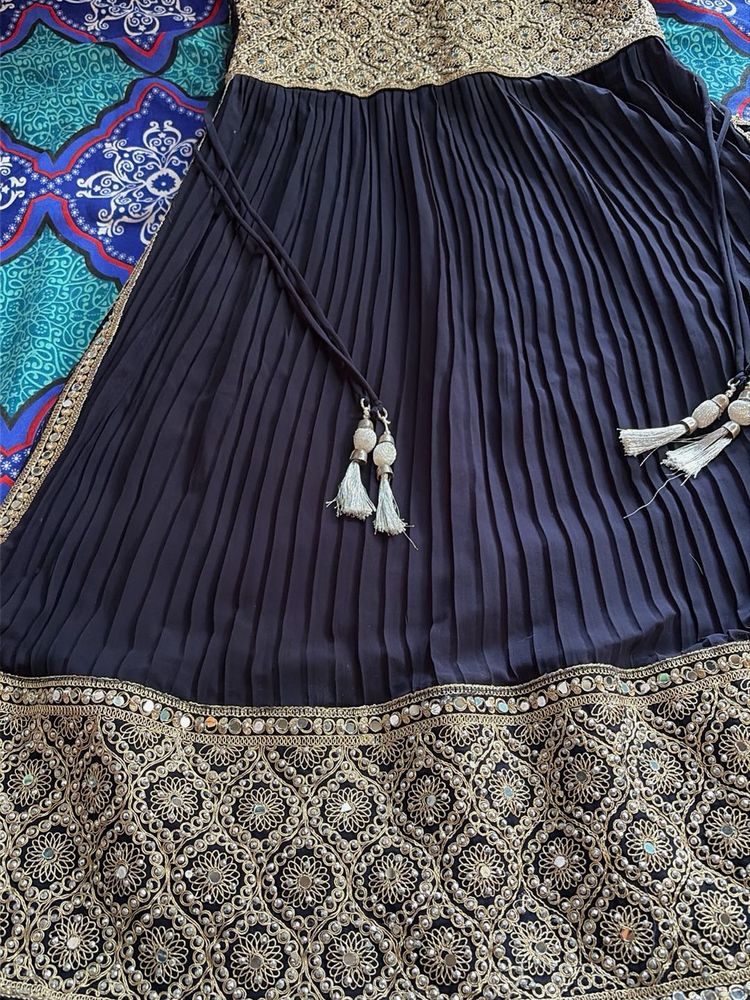 Elegant Navy &amp; Gold Embroidered Dress