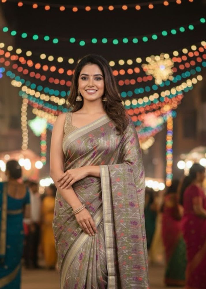 “Earthy Ikat Floral Saree”