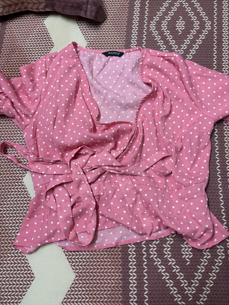 Pink Polka Dots Wrap Around Peplum Top Harpa Retro