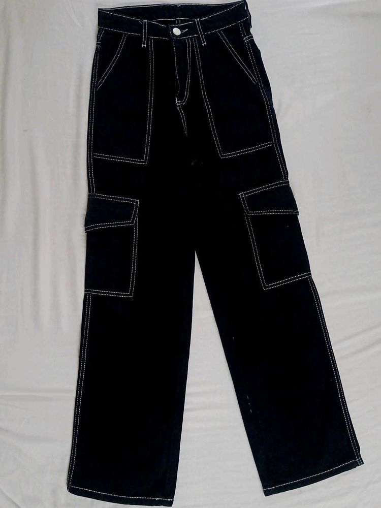 Black Contrast Stitch Cargo Pants