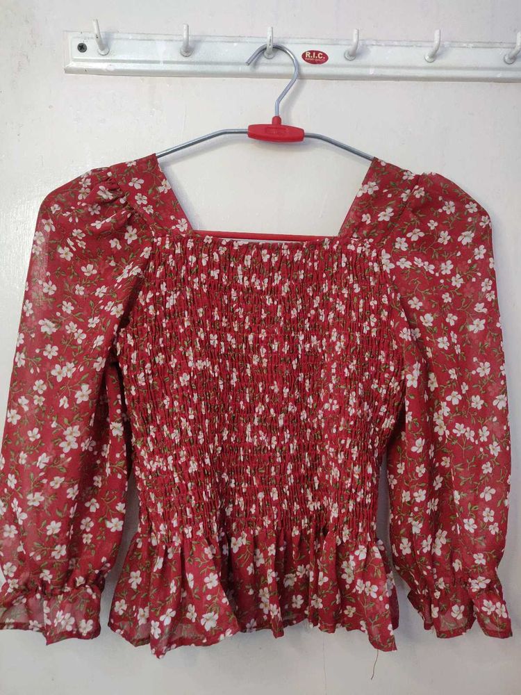 Floral Smocked Red Top