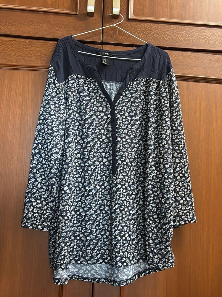 H&amp;M Floral Print Top - Navy Blue