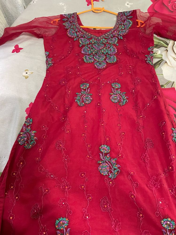 Red Embroidered Kurta Set