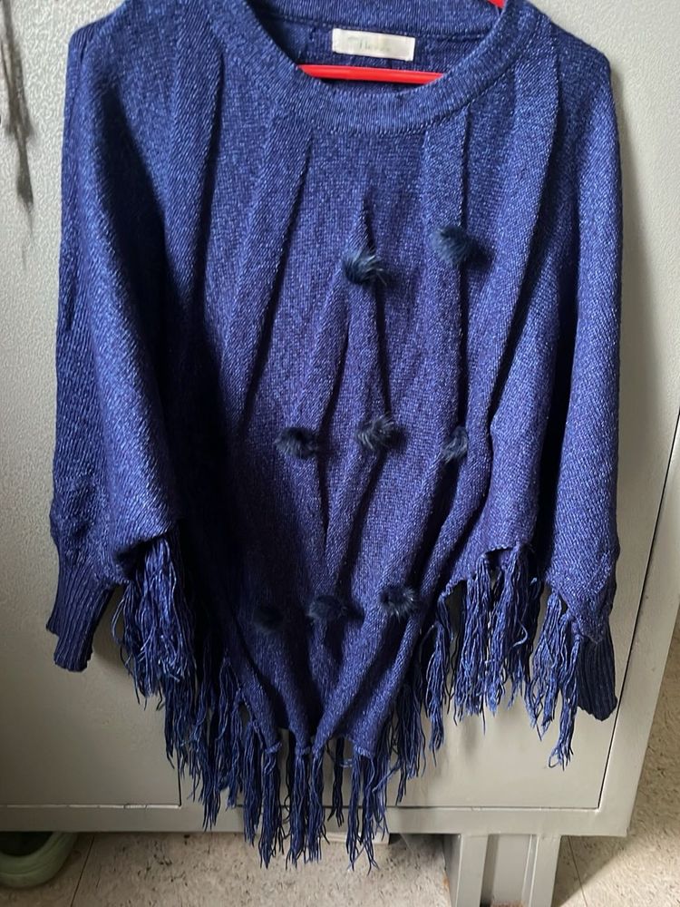 Navy Blue Fringe Poncho
